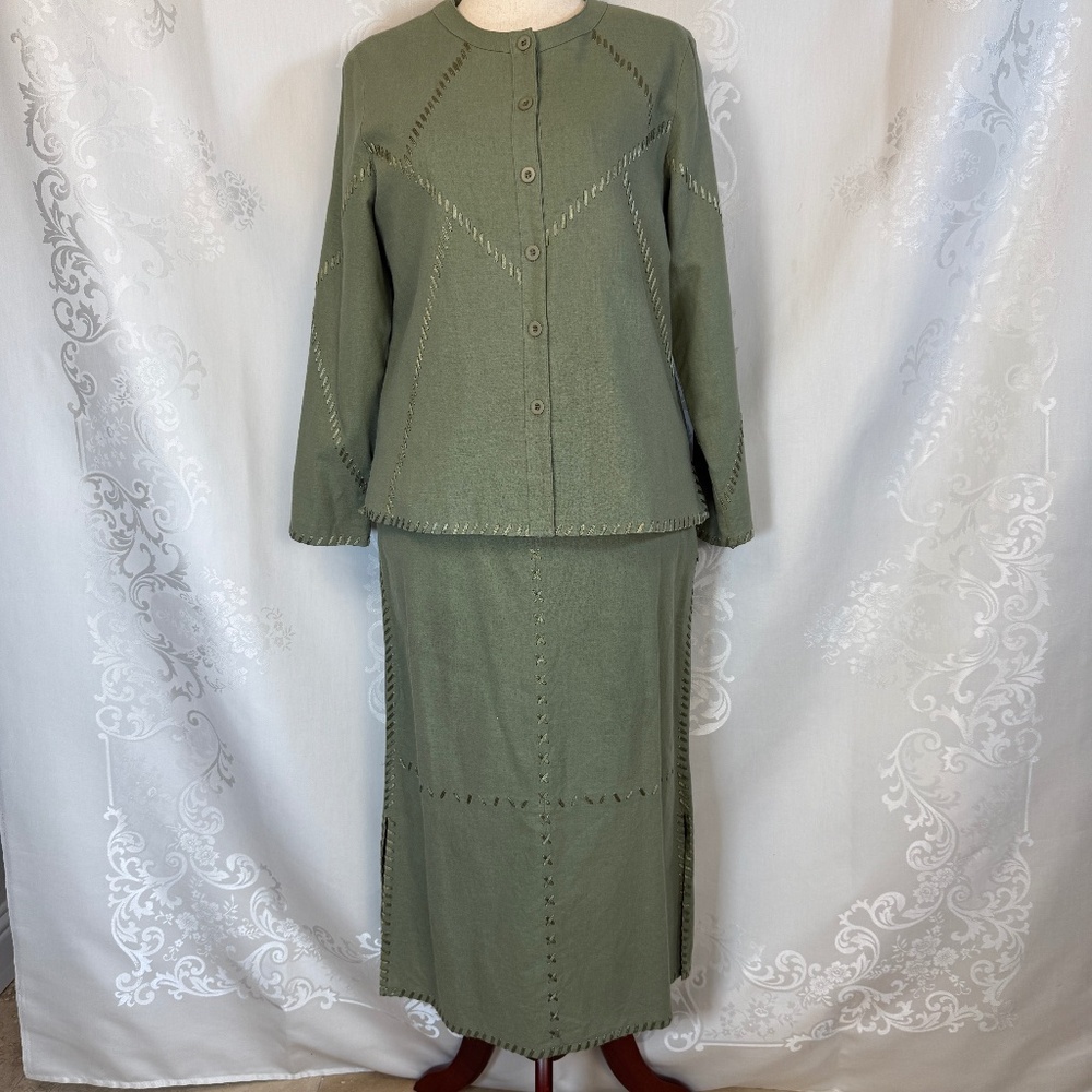 Vintage Canyon Road 2 Piece Jacket Skirt Suit Set Linen Blend Green Size L